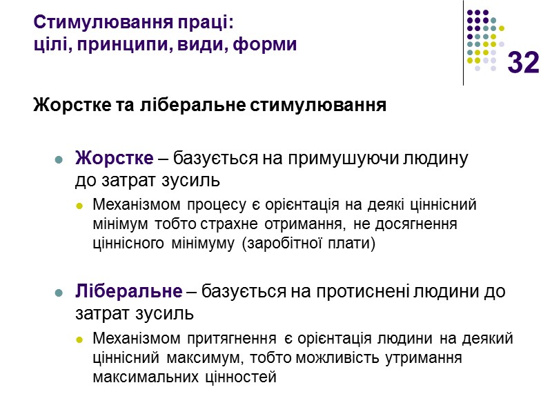 32 Стимулювання праці:  цілі, принципи, види, форми  Жорстке та ліберальне стимулювання 